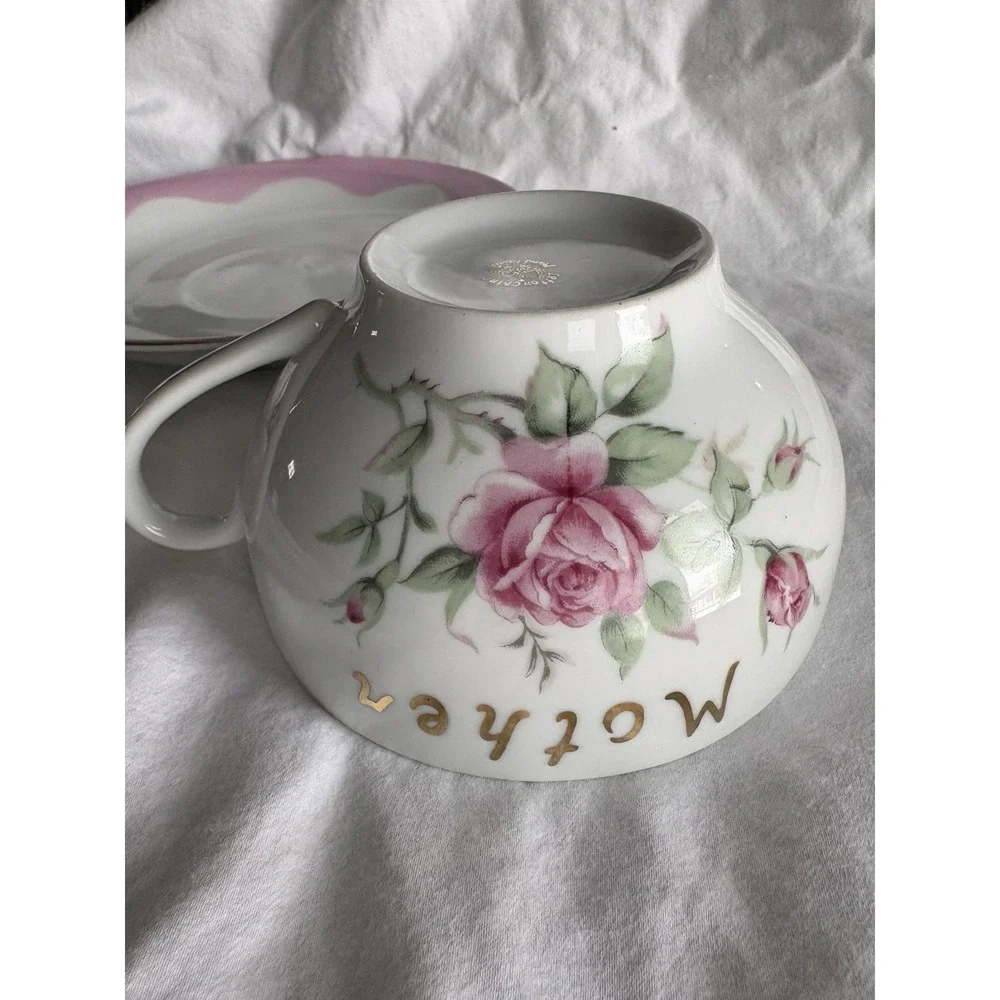 VTG Lefton English Bone China Pink Rose Mother Coffee TeaCup and Saucer‎ Boho LG